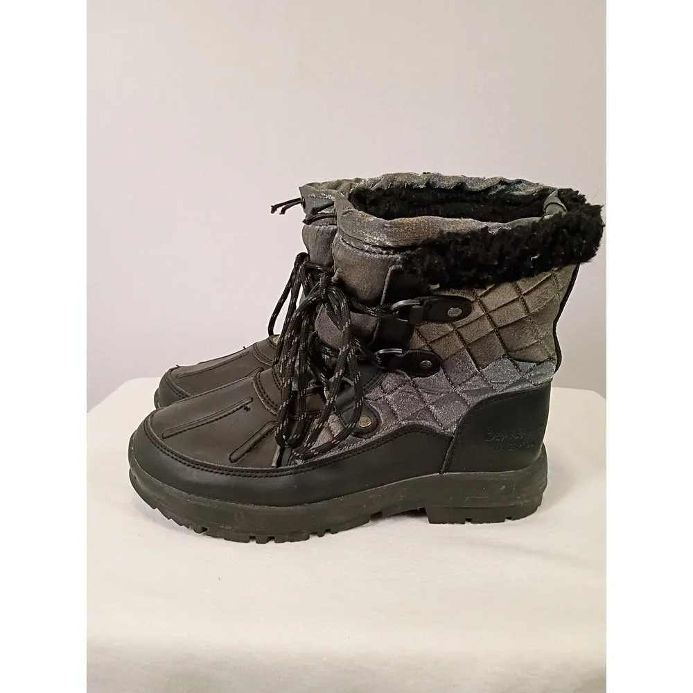 Wintercore Bearpaw Women 7 Black Silver Waterproof Quilted Faux Fur Snow Boots